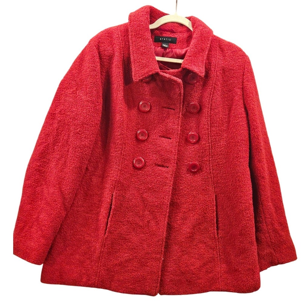 Red Boucle 80% Wool Pea Coat Women Lg Double Breasted Collared #H462